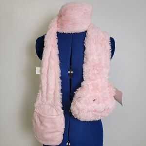 Just Pretend Kids Pink Soft Fuzzy Scarf w/Padded Animal Pocket Hand Warmers NWT